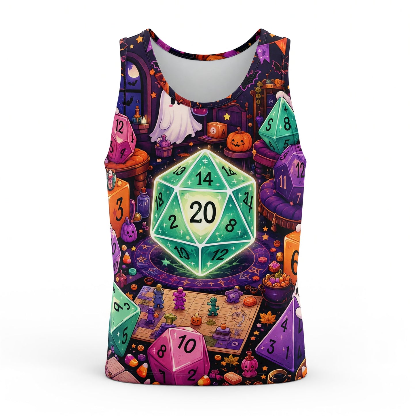Halloween Ghost Dice AOP T-Shirt - Spooky RPG Gaming Apparel