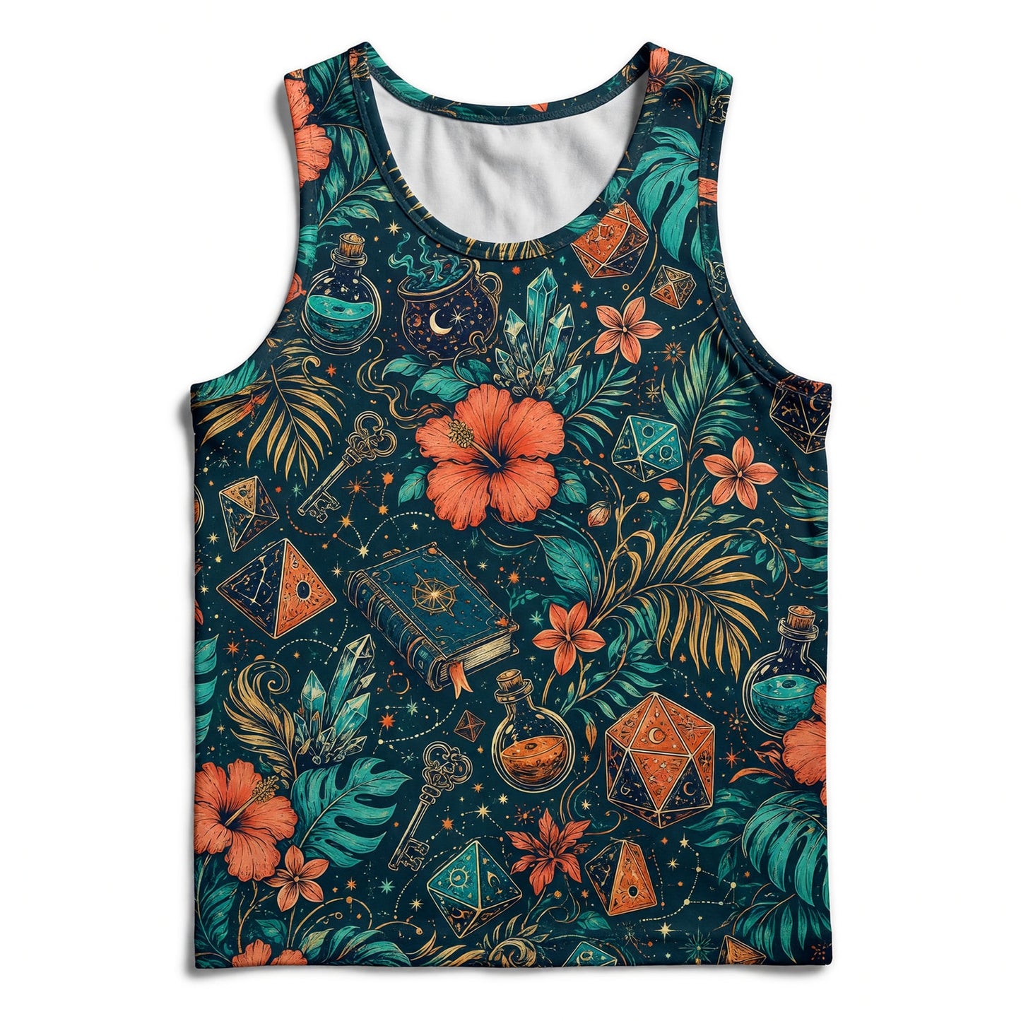 Celestial Dice AOP Apparel - Tropical Mystic RPG Pattern