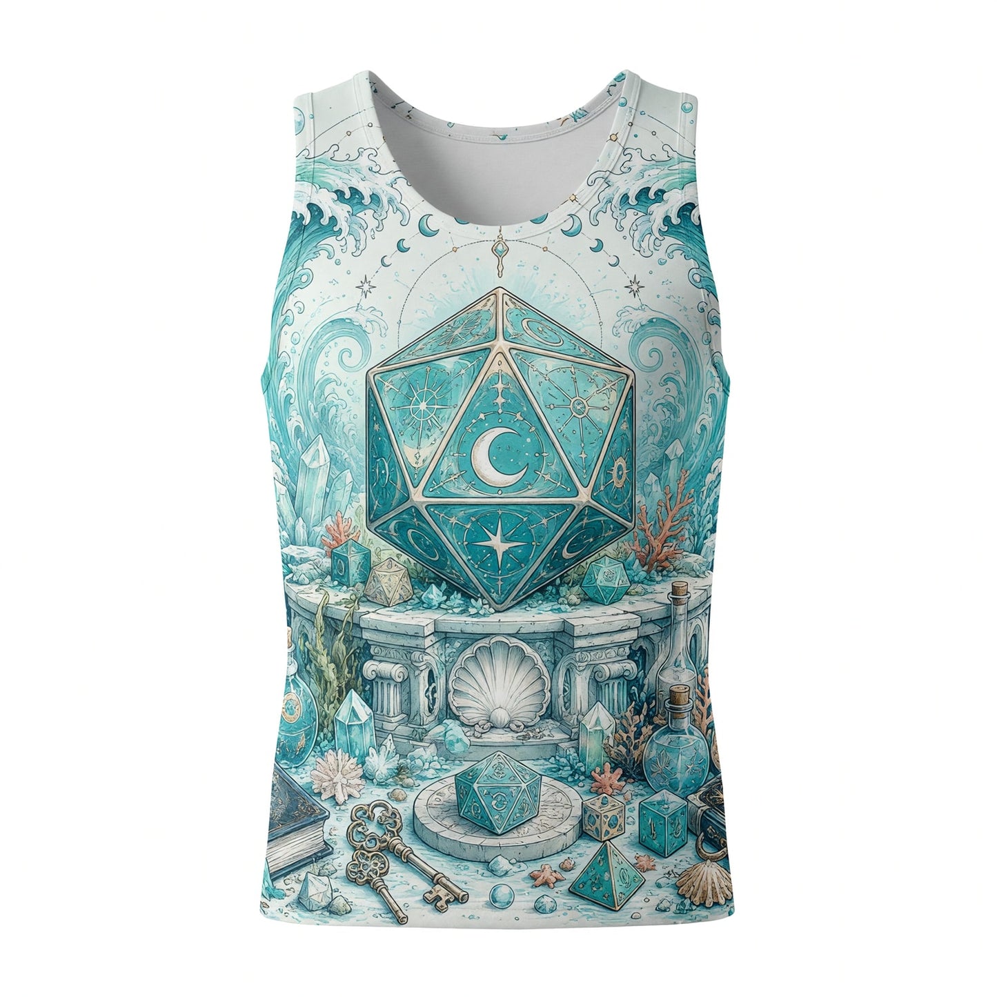 Mystic Ocean D20 Dice AOP T-Shirt - Fantasy RPG Celestial Waves