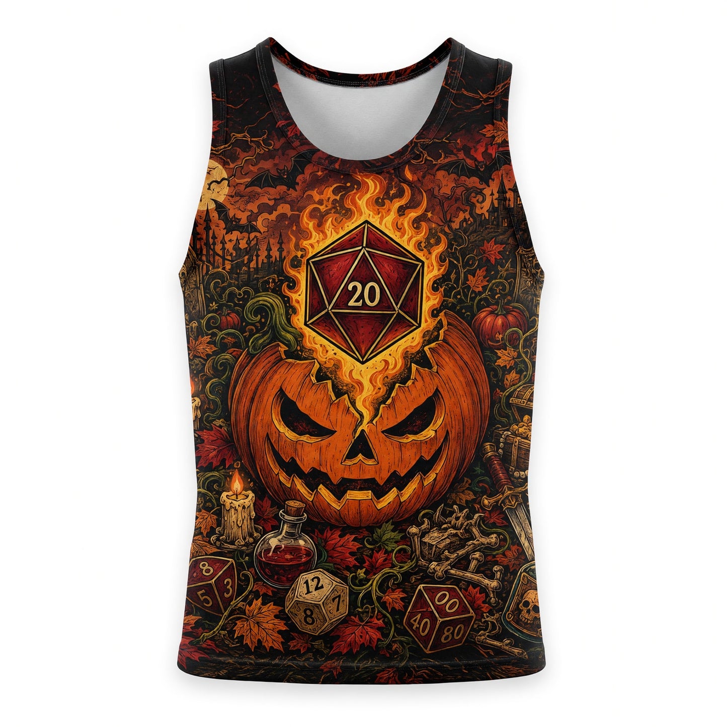 Halloween Flaming D20 AOP T-Shirt - Spooky RPG Streetwear