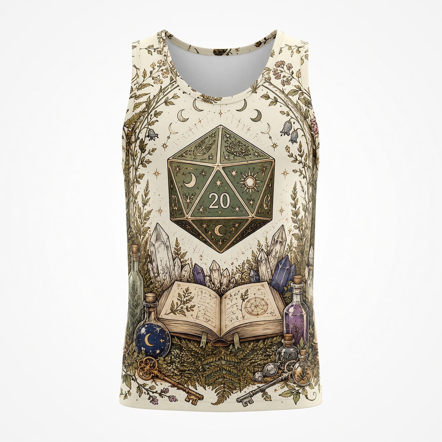 Botanical D20 Dice AOP T-Shirt - Witchy Celestial Herbal RPG Design