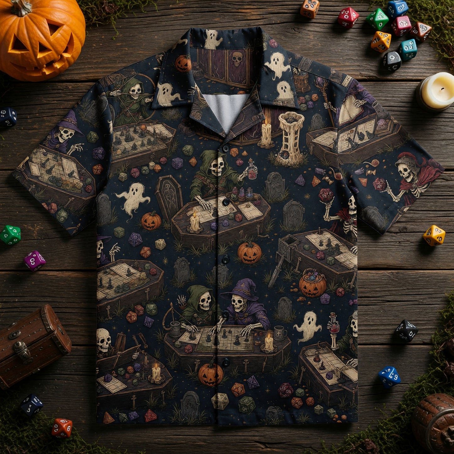 Skeleton Gamers Hawaiian Shirt - Halloween RPG Tabletop Apparel