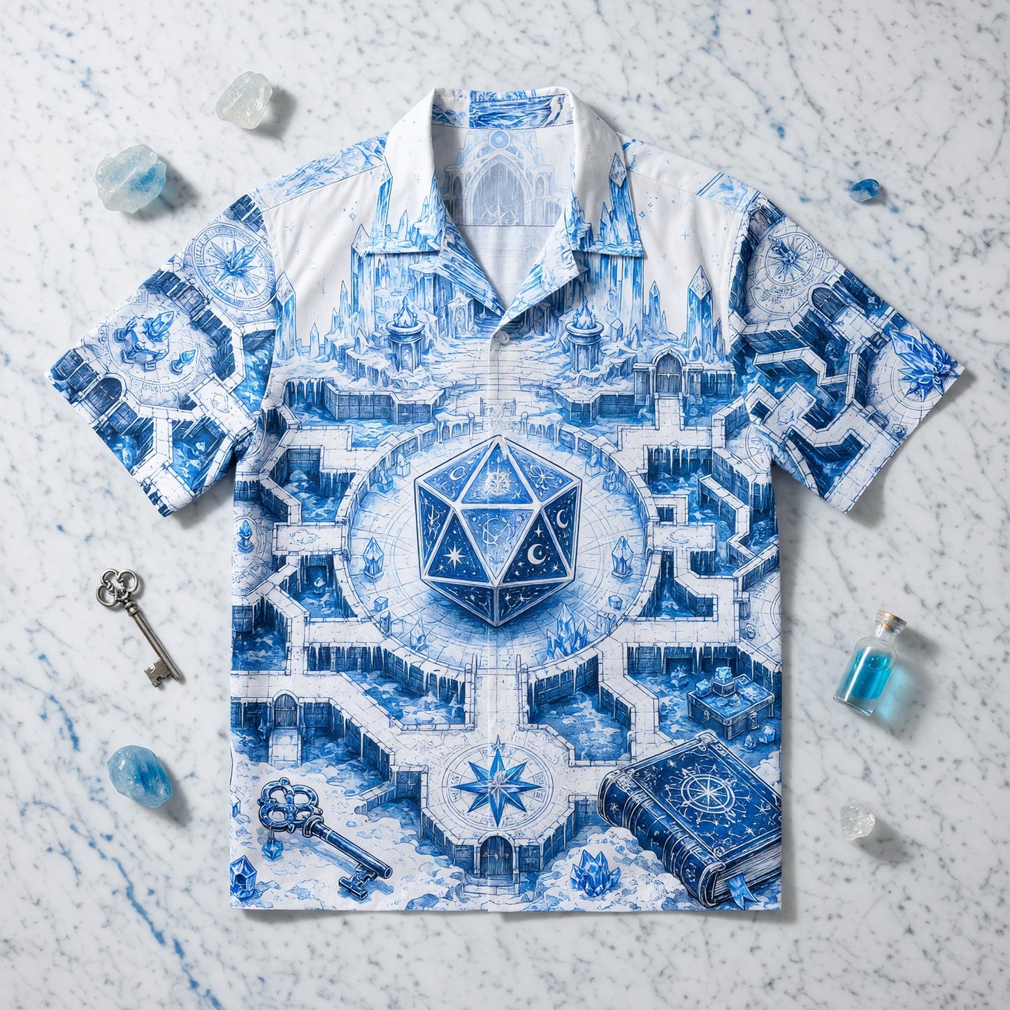 D20 Ice Crystal Castle Hawaiian Shirt - Fantasy RPG Dice Art