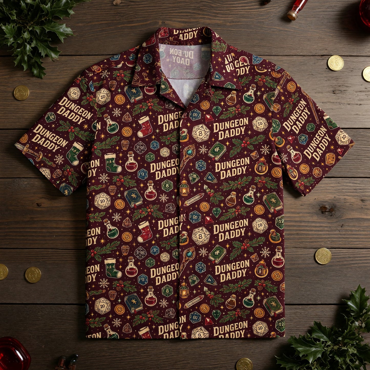Dungeon Daddy Christmas Hawaiian Shirt - Holiday Gamer Pattern