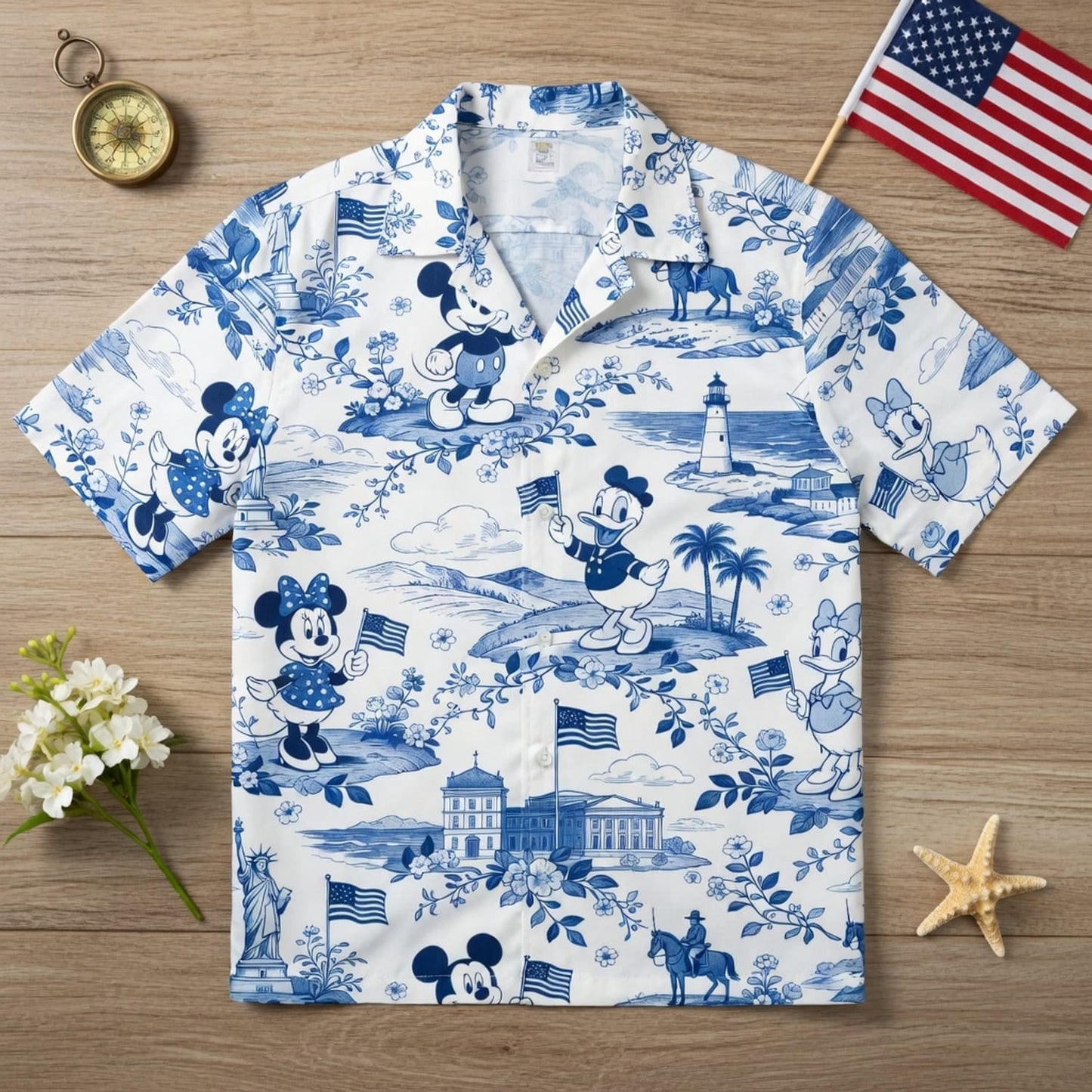 Americana Toile Hawaiian Shirt - Mouse Duck Lady Duck Patriotic Aloha Shirt