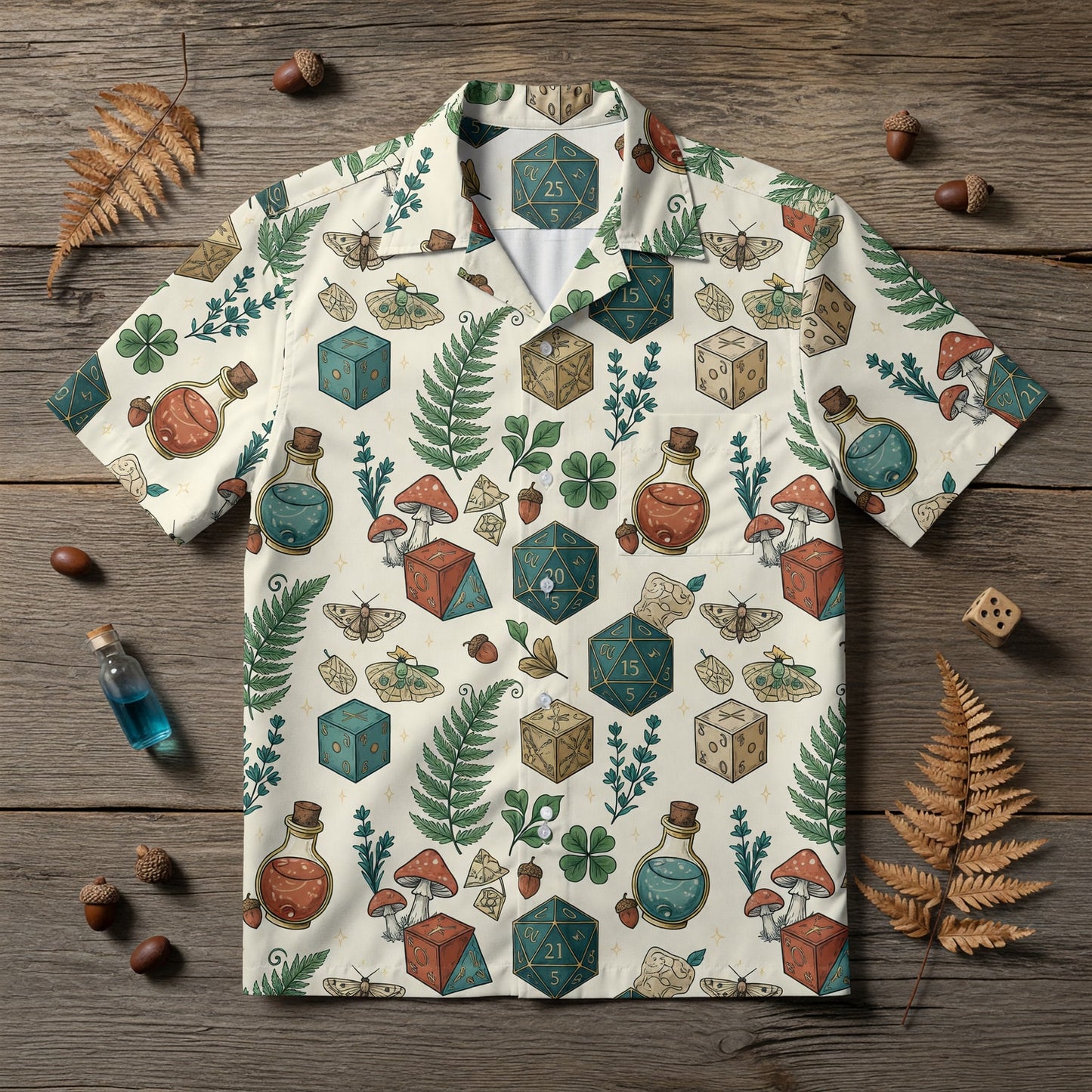 Dice Fantasy Hawaiian Shirt - RPG Mushroom Potion Pattern