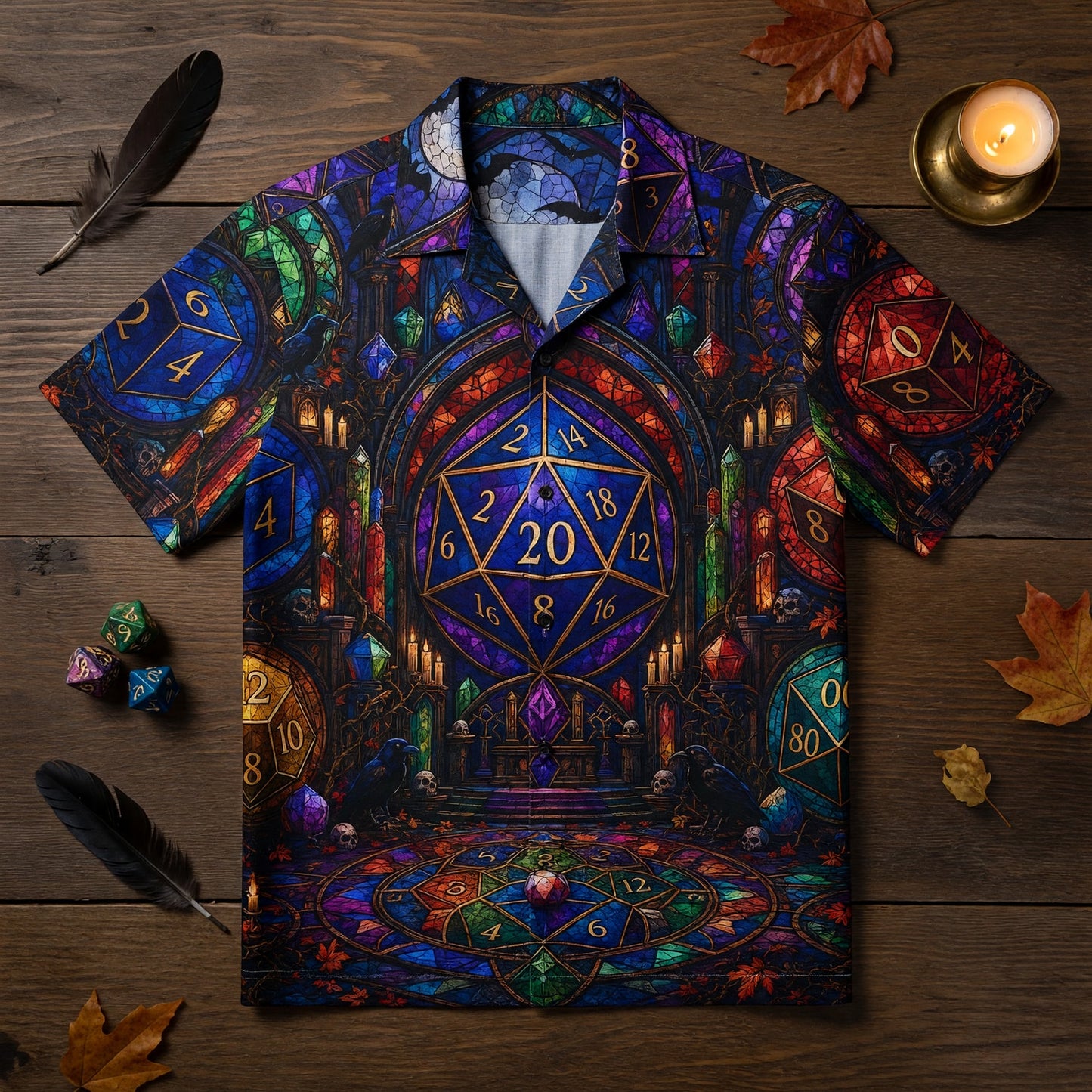Fantasy Dungeon Dice Hawaiian Shirt - Gothic Fantasy RPG Stained Glass