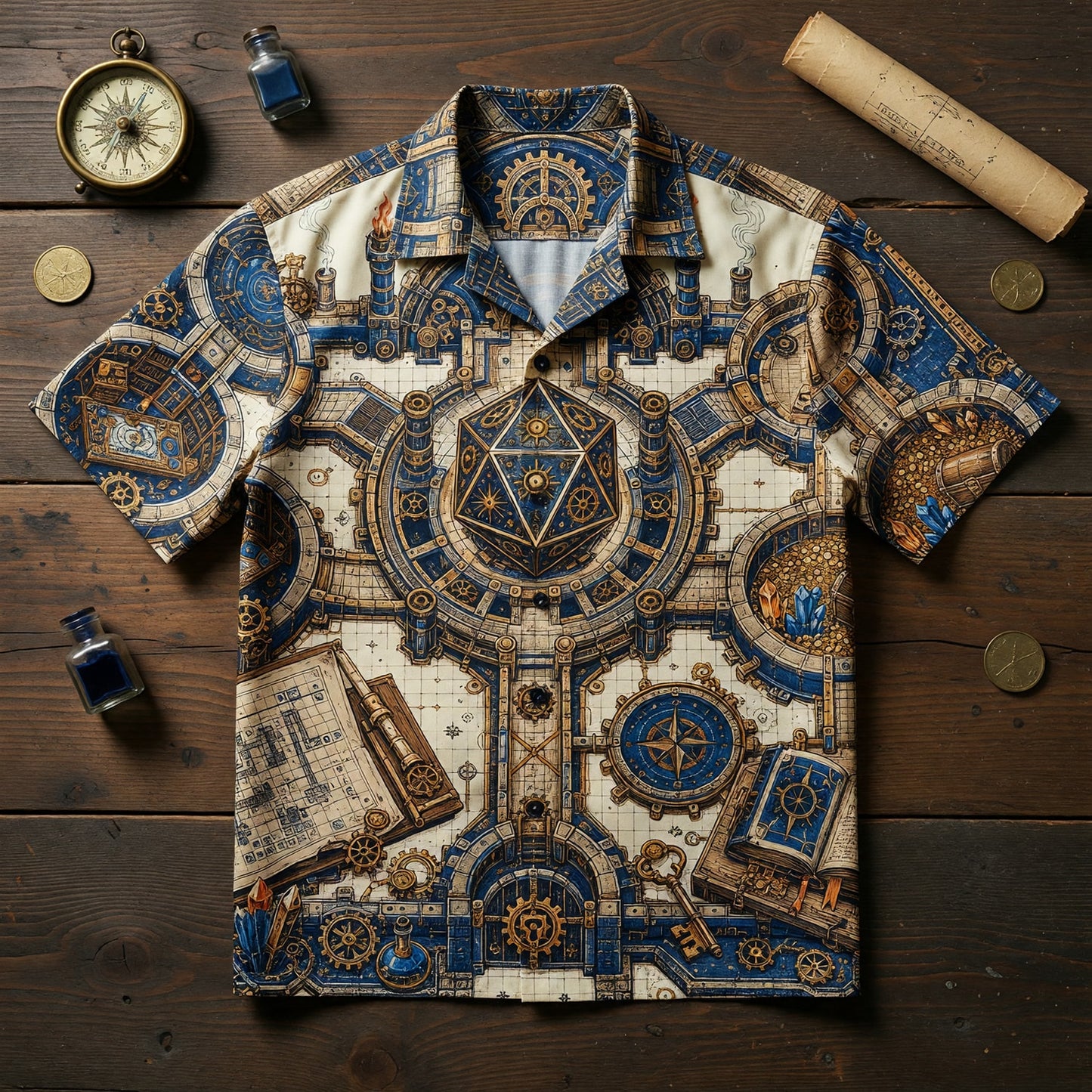 Steampunk Fantasy Dungeon Hawaiian Shirt - Fantasy RPG Map Design