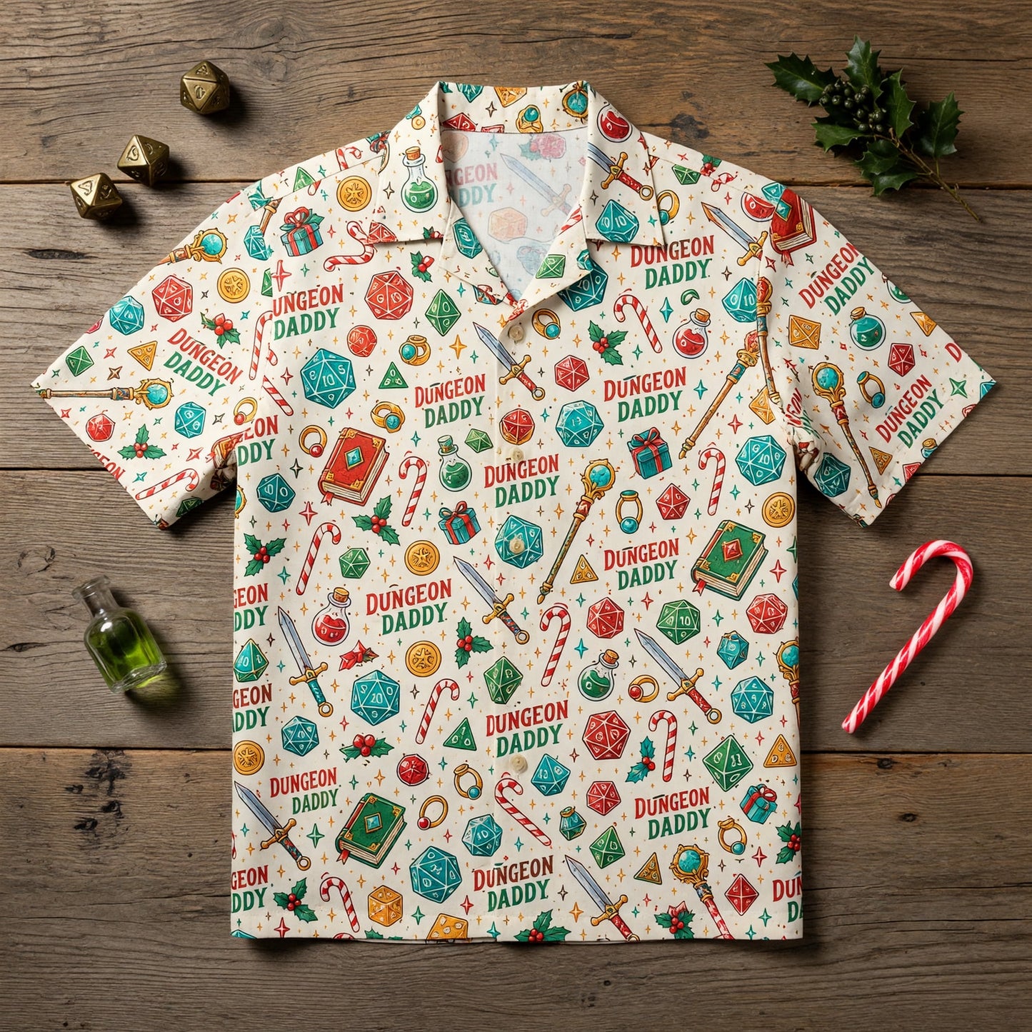 Dungeon Daddy Hawaiian Shirt - Christmas Dice Pattern