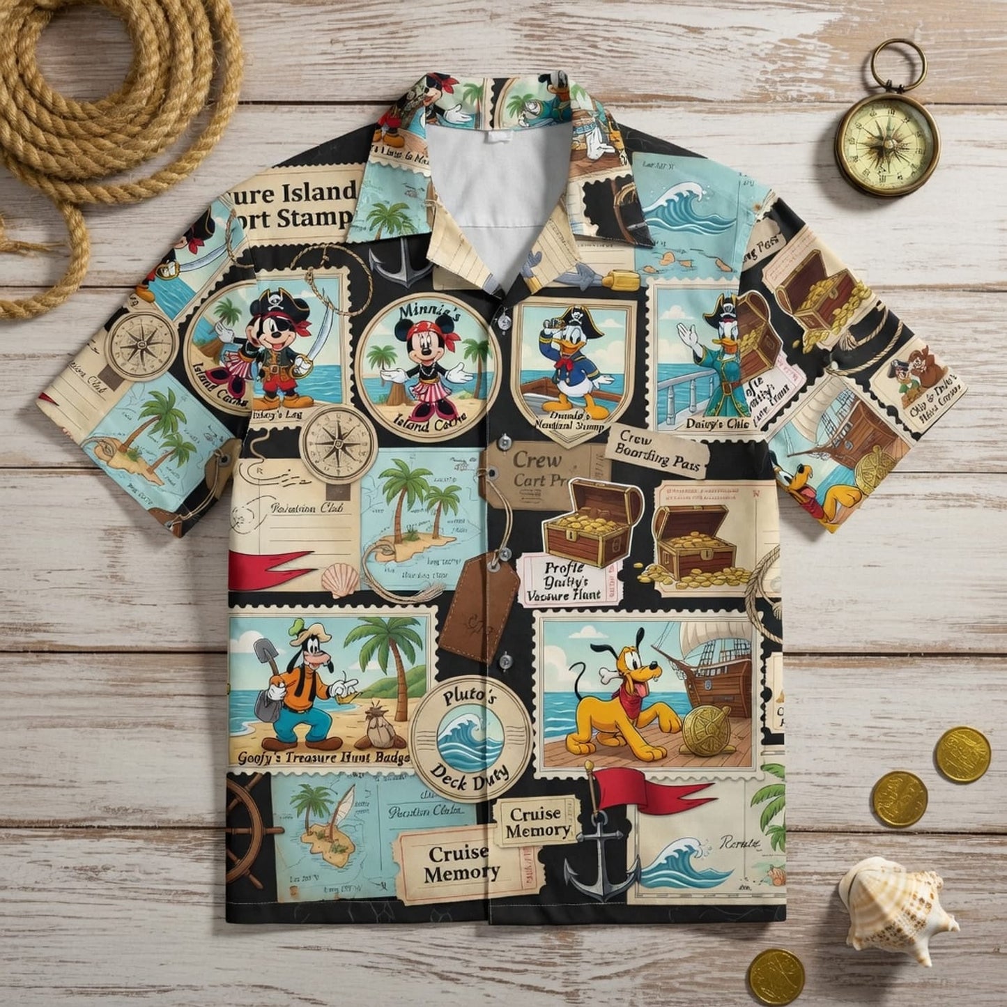 Pirate Hawaiian Shirt - Treasure Island Passport Stamp Art