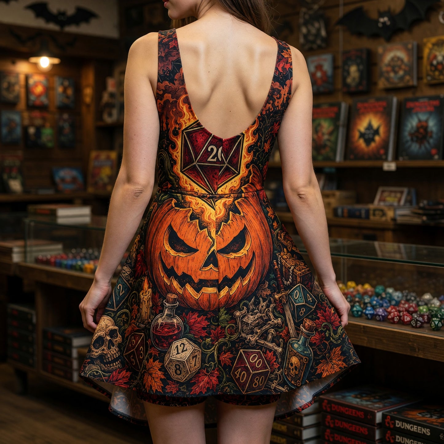 Halloween Jumpsuit Skirt - Flaming D20 Pumpkin RPG Apparel