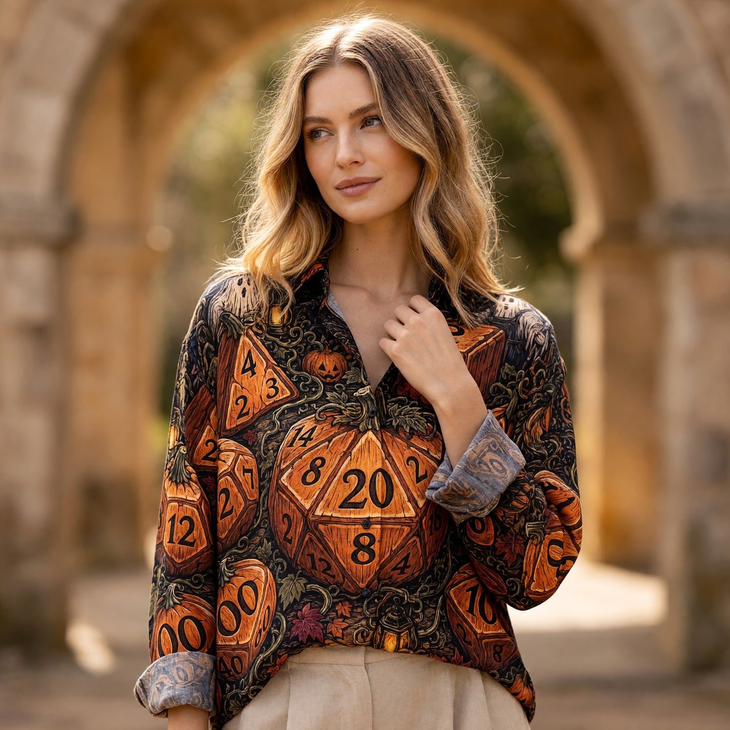Halloween Pumpkin Dice Linen Shirt - RPG Spooky Harvest Apparel