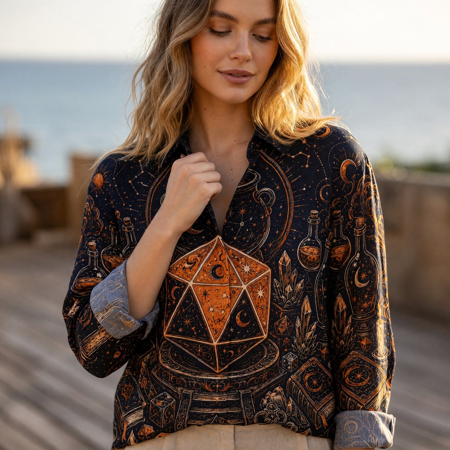 Celestial D20 Alchemy Linen Shirt - Mystic Fantasy RPG Apparel