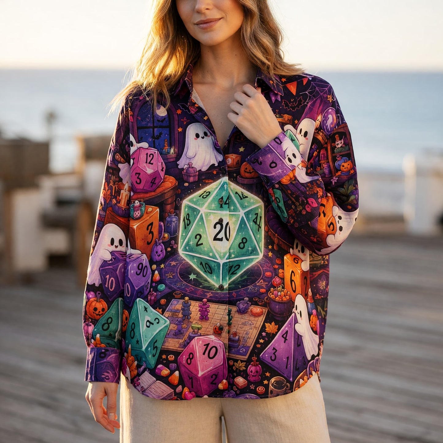 Spooky Halloween D20 Dice Linen Shirt - Cute Ghost RPG Gaming