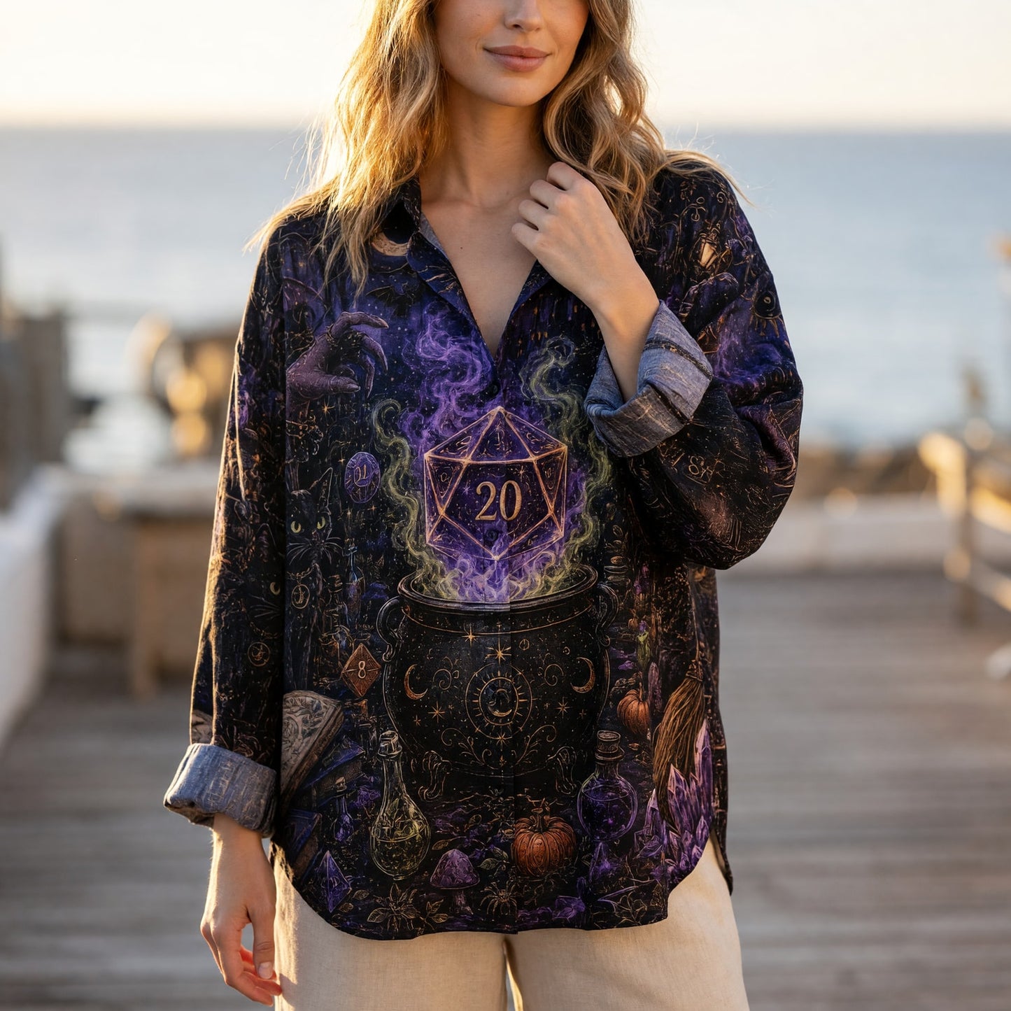 Witch Nat 20 Cauldron Linen Shirt - Magical Fantasy RPG Design