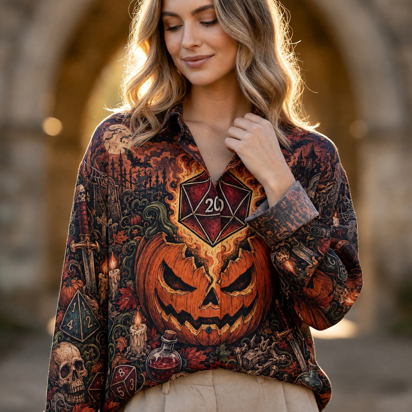 Fantasy Dungeon Halloween Linen Shirt - Spooky D20 RPG Dice Apparel