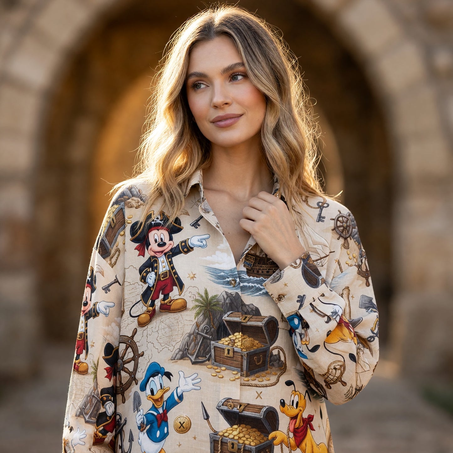 Pirate Mouse Linen Shirt - Treasure Map Cartoon Apparel