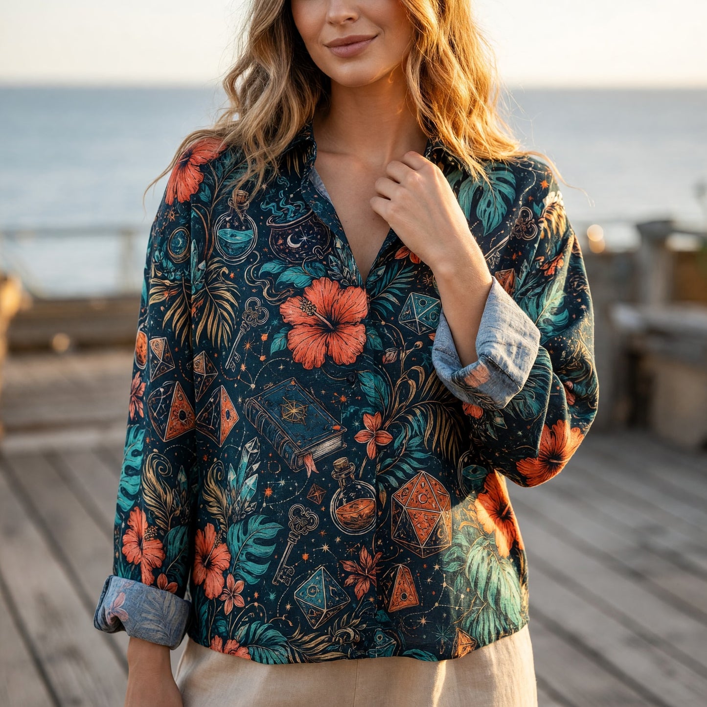 Mystic Tropical Linen Shirt - Fantasy RPG Dice Pattern