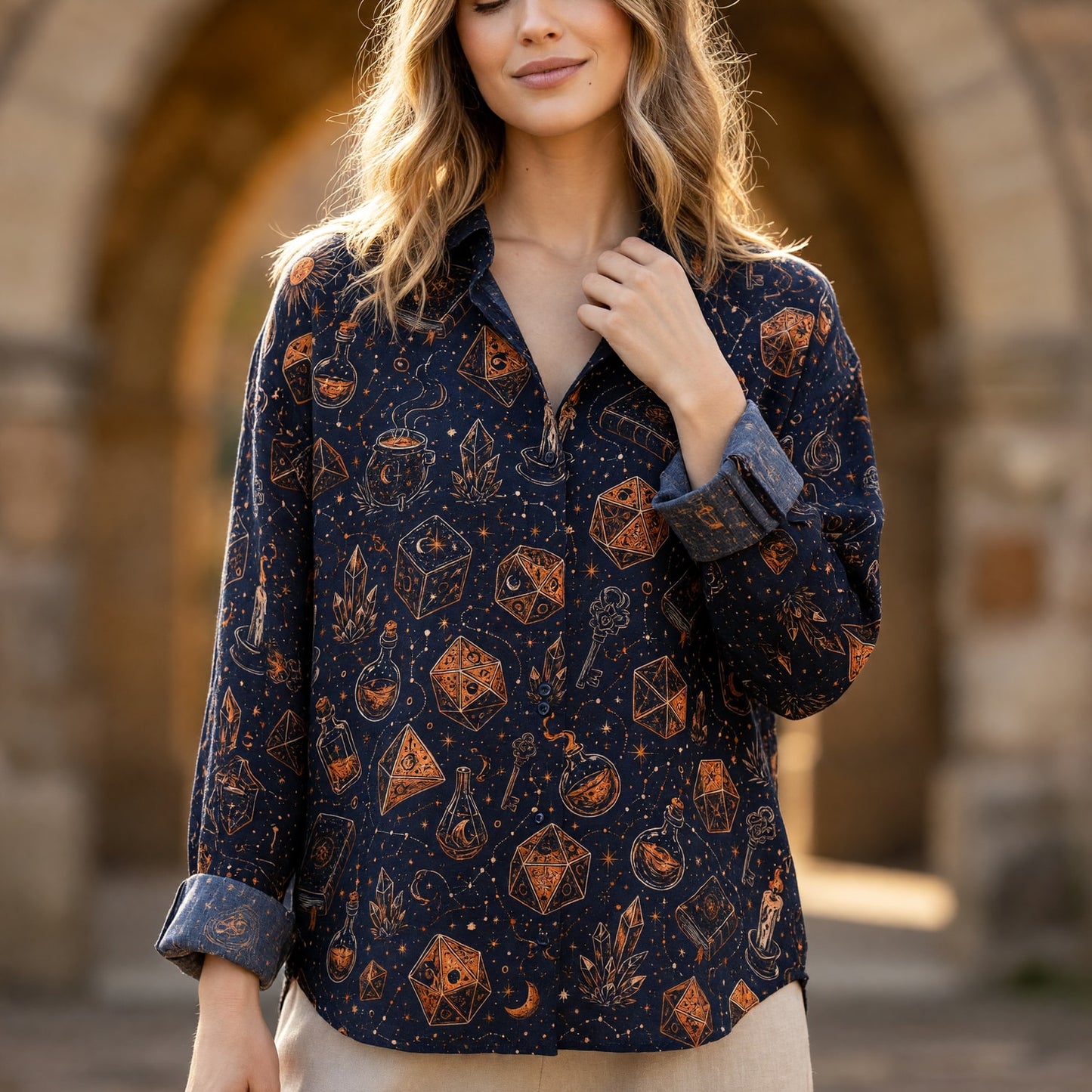 Witchcraft Linen Shirt - Mystic Dice Occult Fantasy Pattern