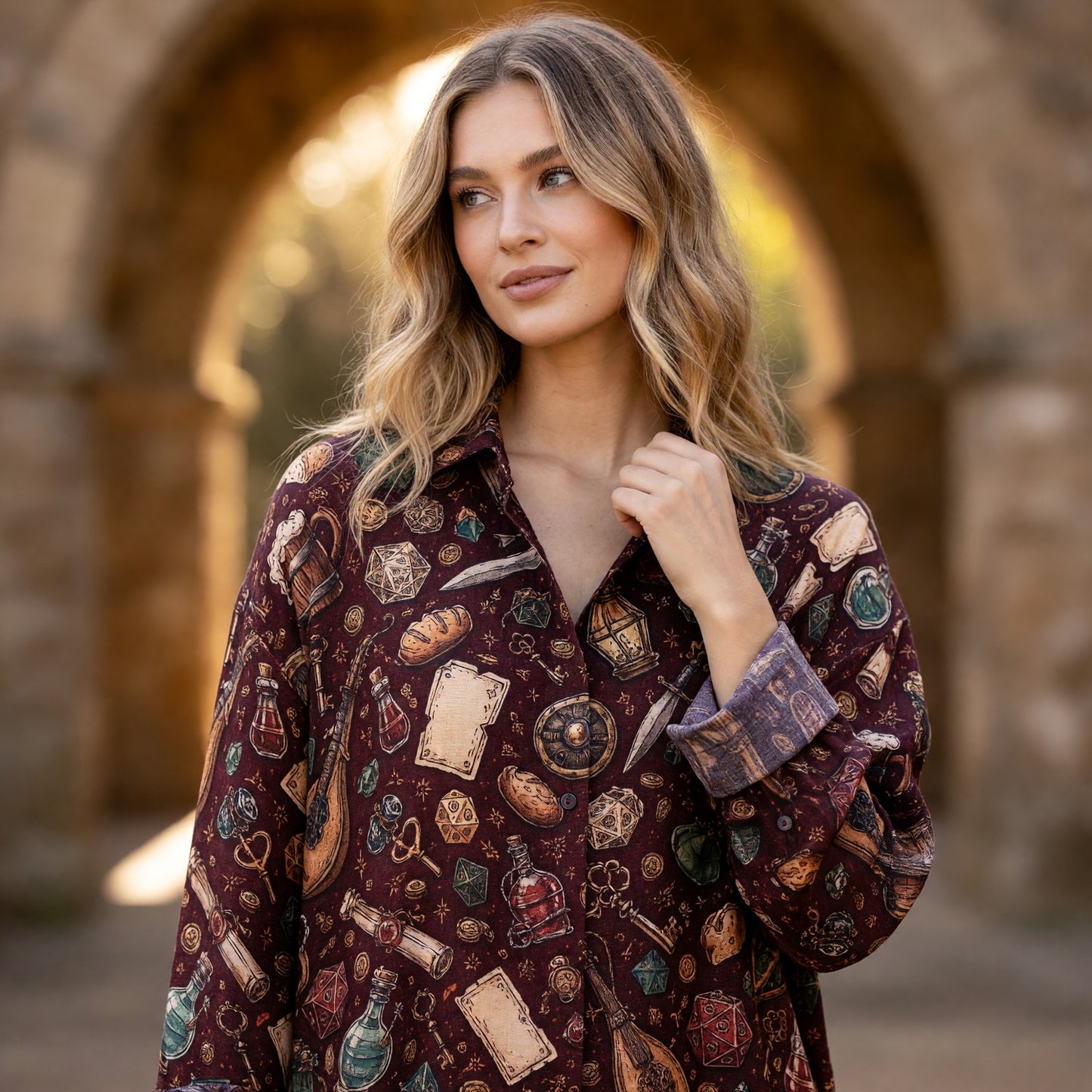 Fantasy Dungeon Linen Shirt - Fantasy RPG Dice Loot Pattern