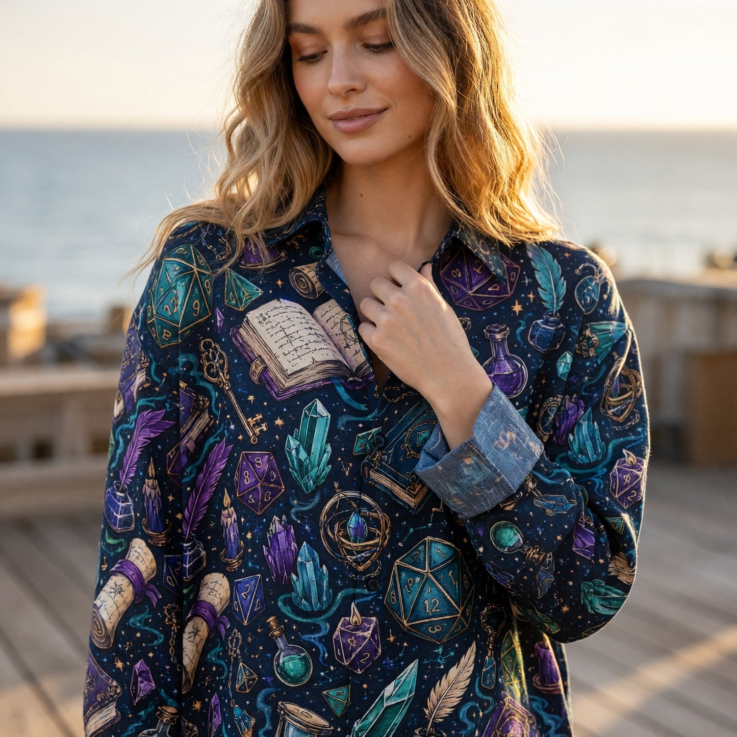 Fantasy Dungeon Magic Linen Shirt - Fantasy RPG Wizard Pattern