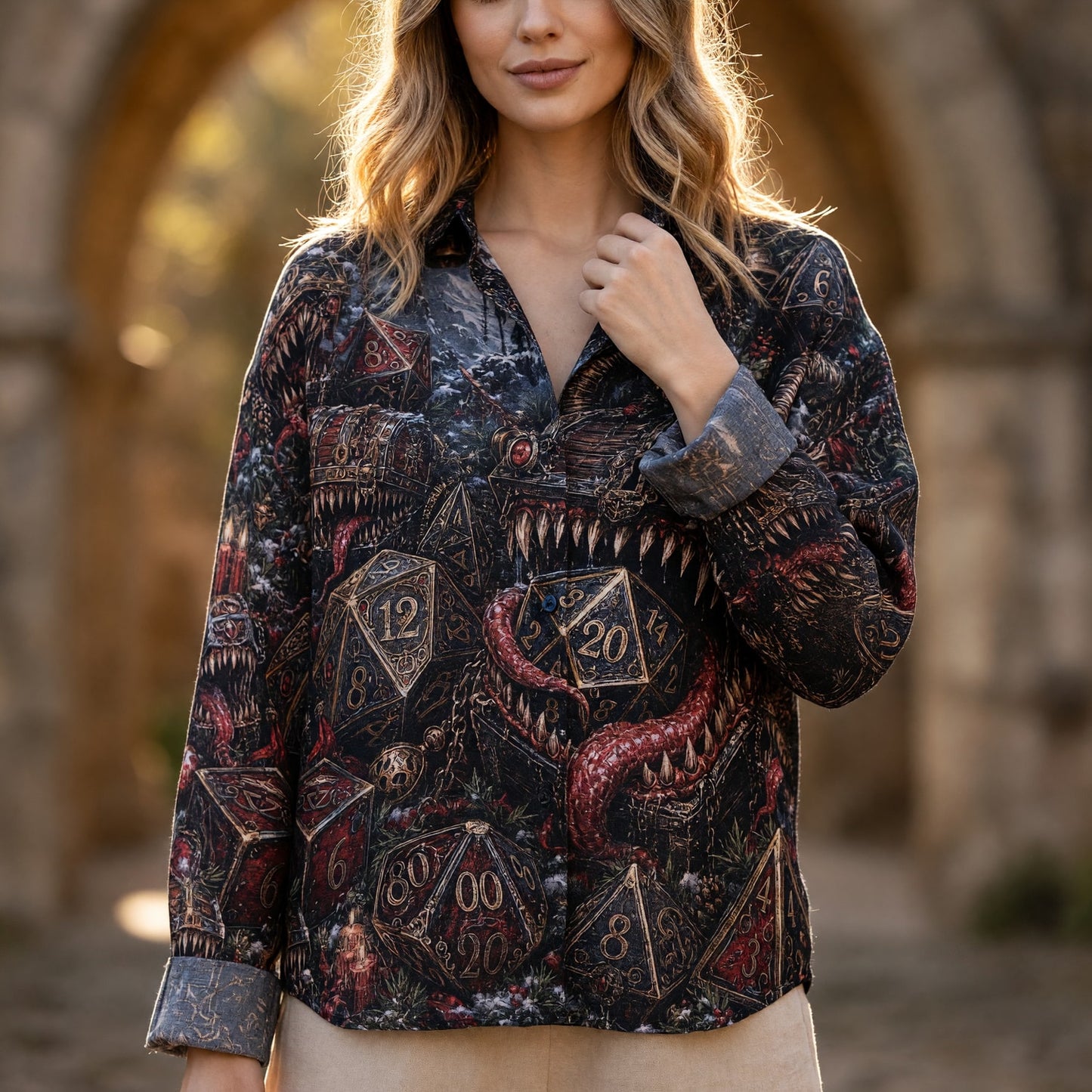 Mimic Christmas Linen Shirt - Fantasy Dice Holiday Apparel