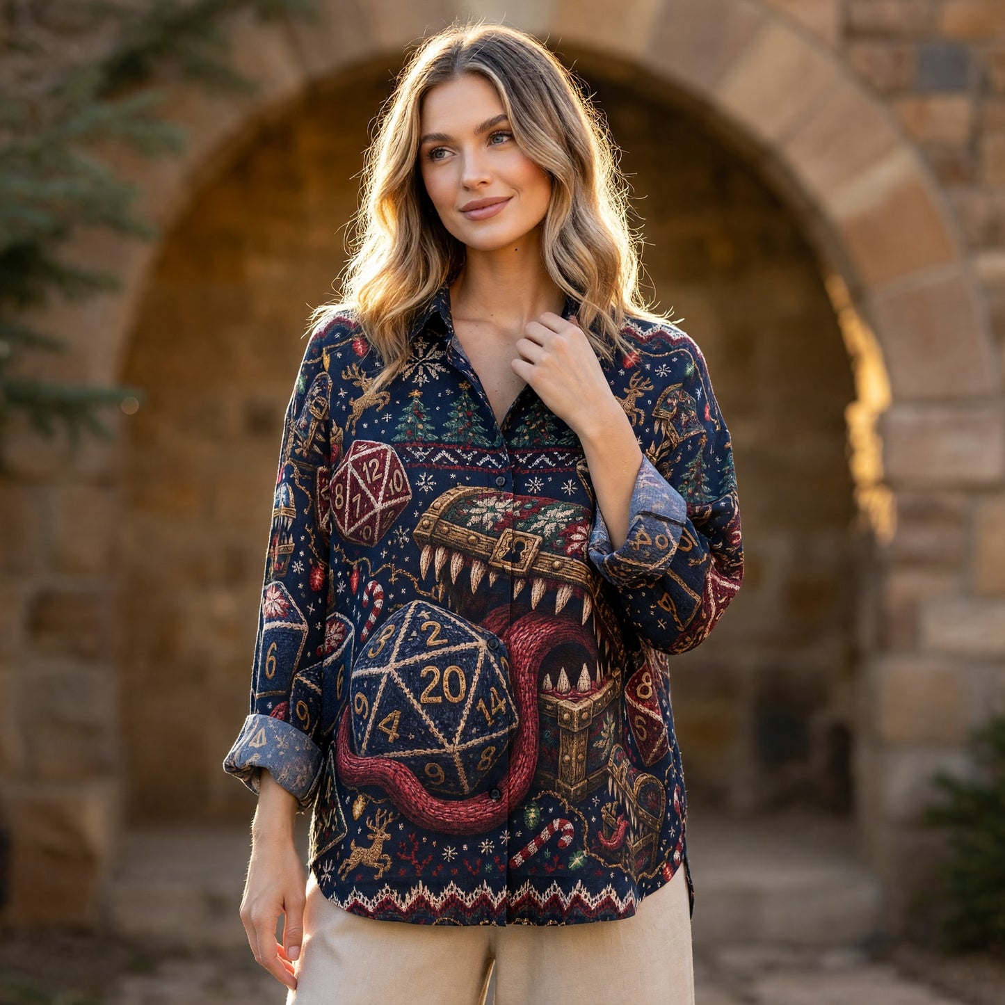 Christmas Mimic Linen Shirt - Festive RPG Dice Apparel