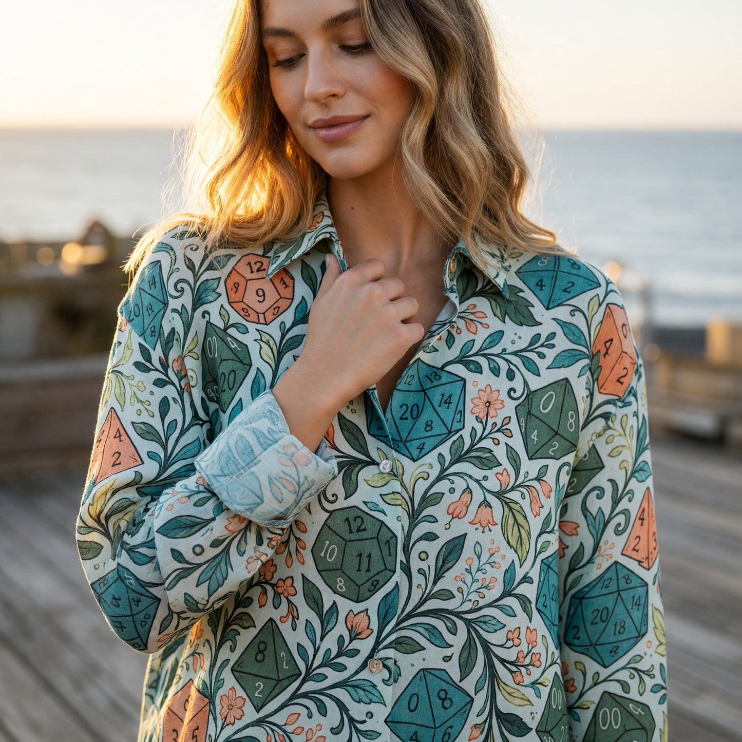 Dice Floral Linen Shirt - Botanical RPG Tabletop Gaming