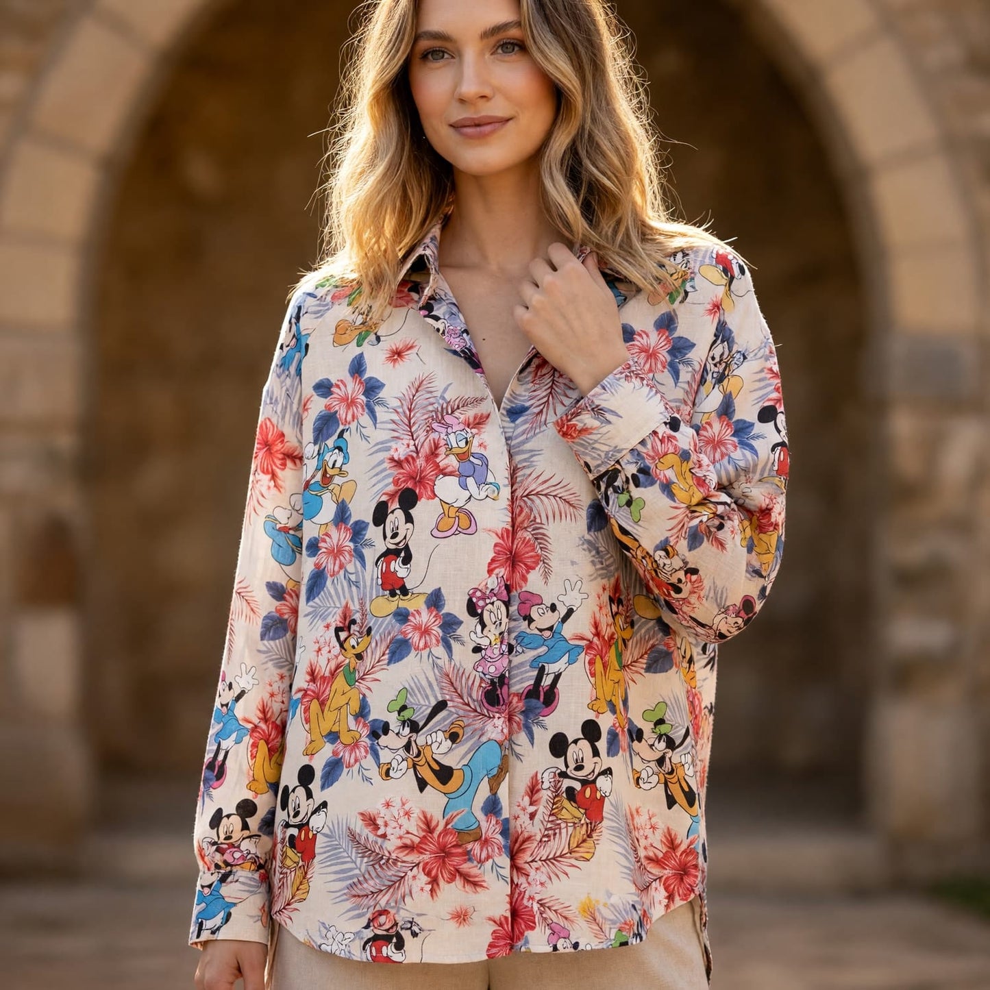 Mouse Hawaiian Linen Shirt - Tropical Floral Pattern