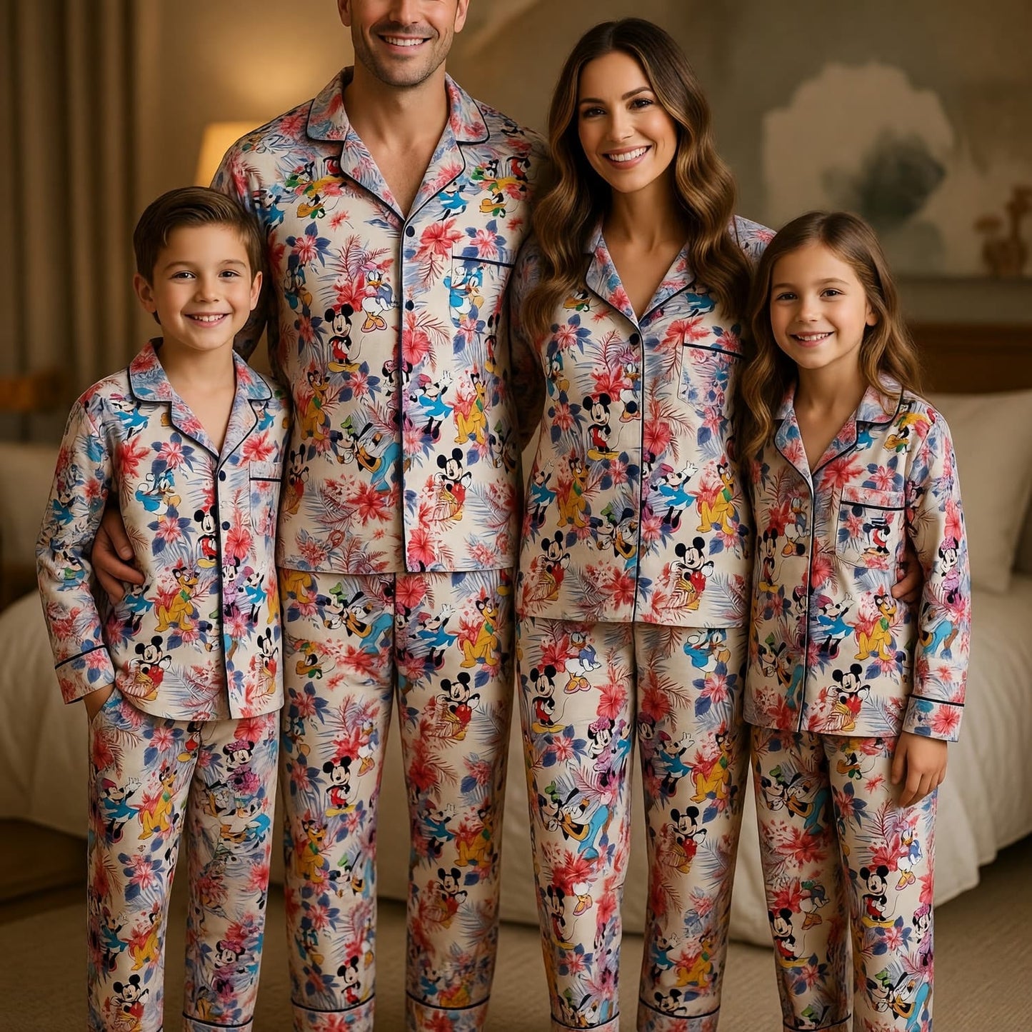 Mouse And Friends Thick Pajama Set - Tropical Floral Hawaiian Print