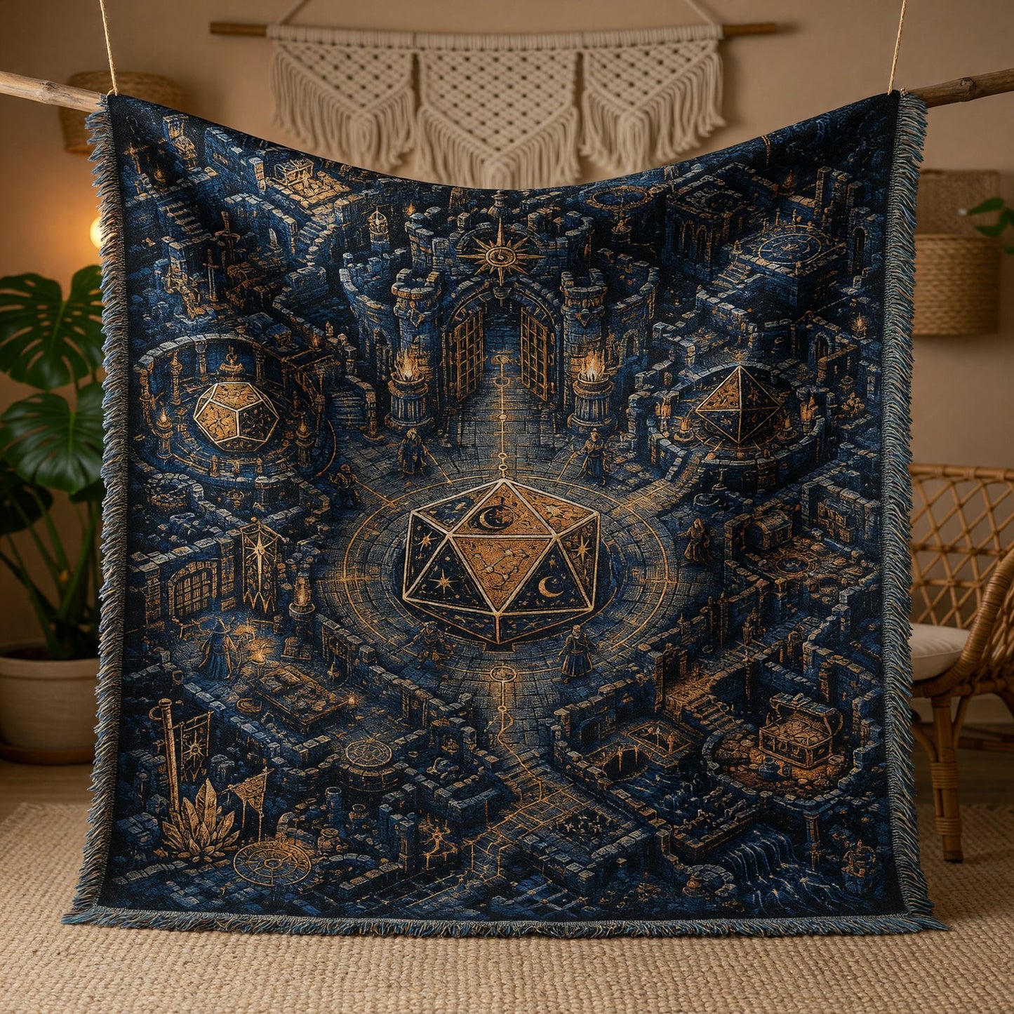 Celestial D20 Castle Woven Blanket - Mystic Dice Fantasy RPG Home Decor