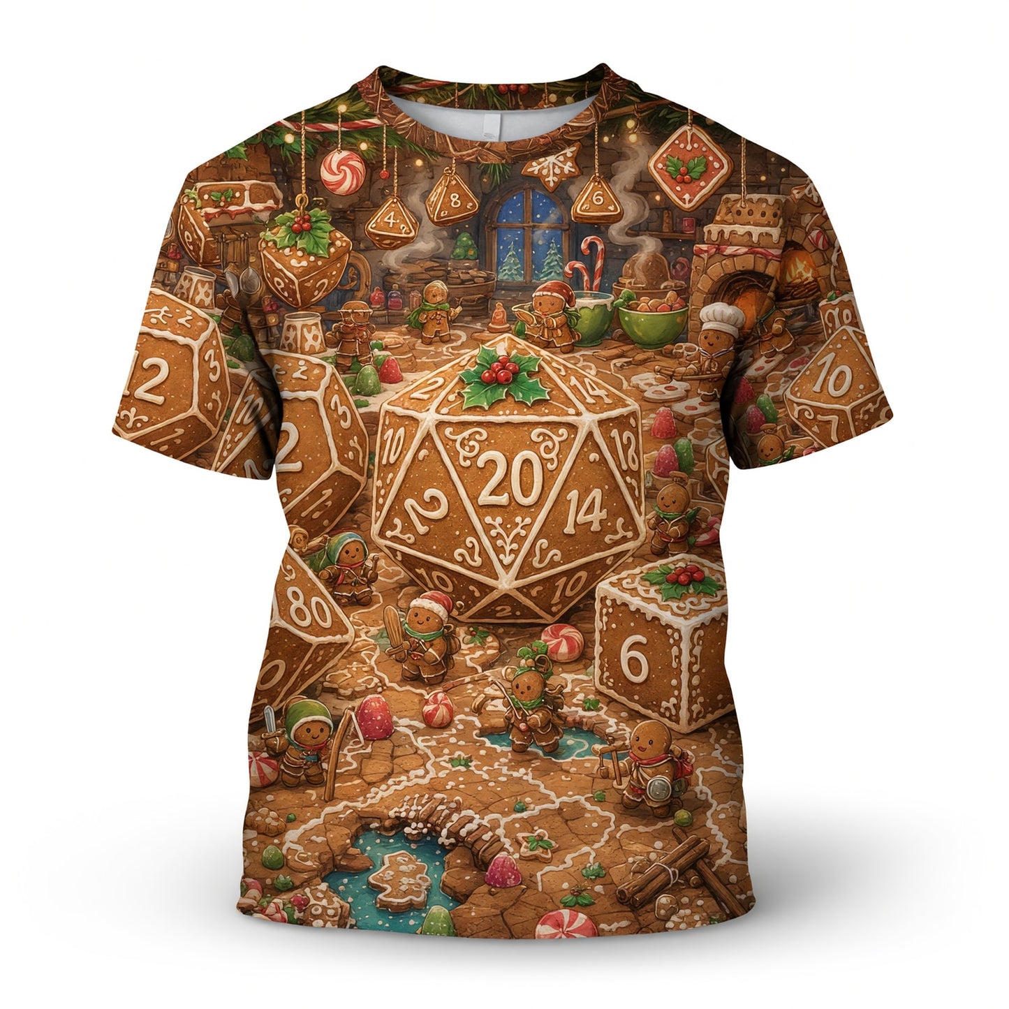 Christmas Gingerbread Dice AOP T-Shirt - Holiday RPG Streetwear