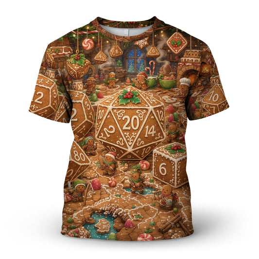 Christmas Gingerbread Dice AOP T-Shirt - Holiday RPG Streetwear