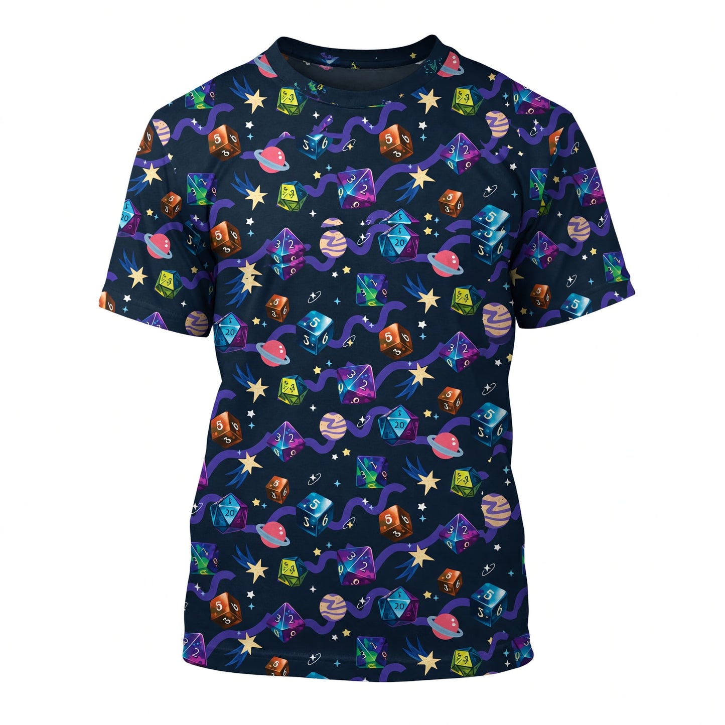 Cosmic Dice AOP T-Shirt - Space Galaxy RPG Pattern