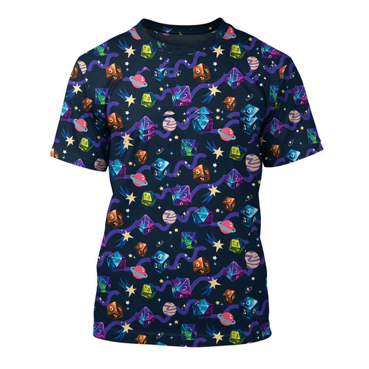 Cosmic Dice AOP T-Shirt - Space Galaxy RPG Pattern
