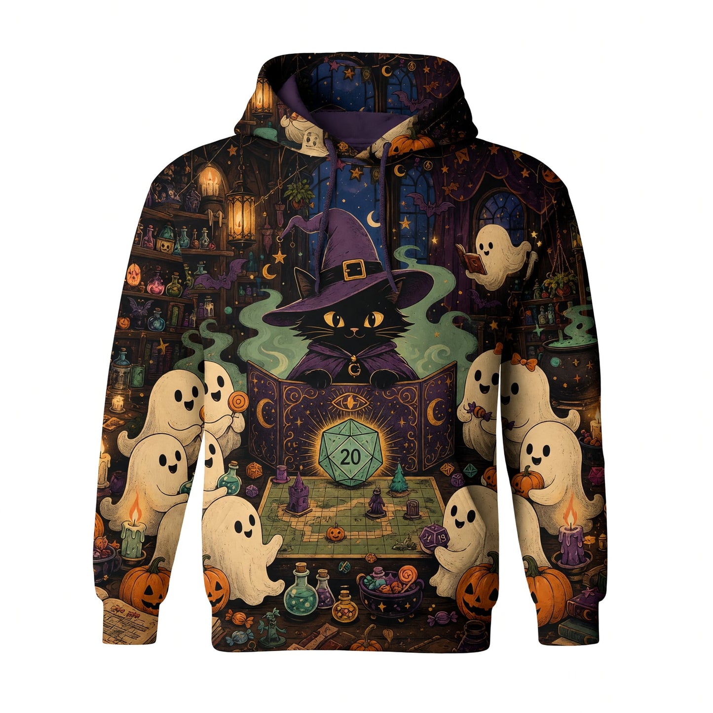 Halloween Black Cat AOP T-Shirt - Witchy RPG Ghost Gaming