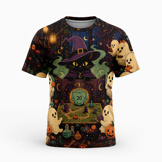 Halloween Black Cat AOP T-Shirt - Witchy RPG Ghost Gaming