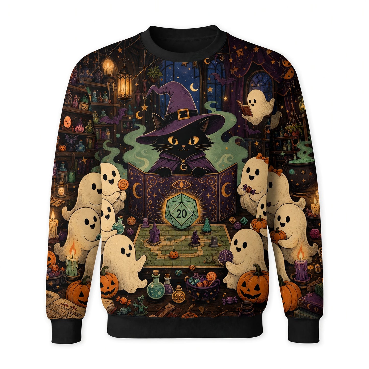 Halloween Black Cat AOP T-Shirt - Witchy RPG Ghost Gaming