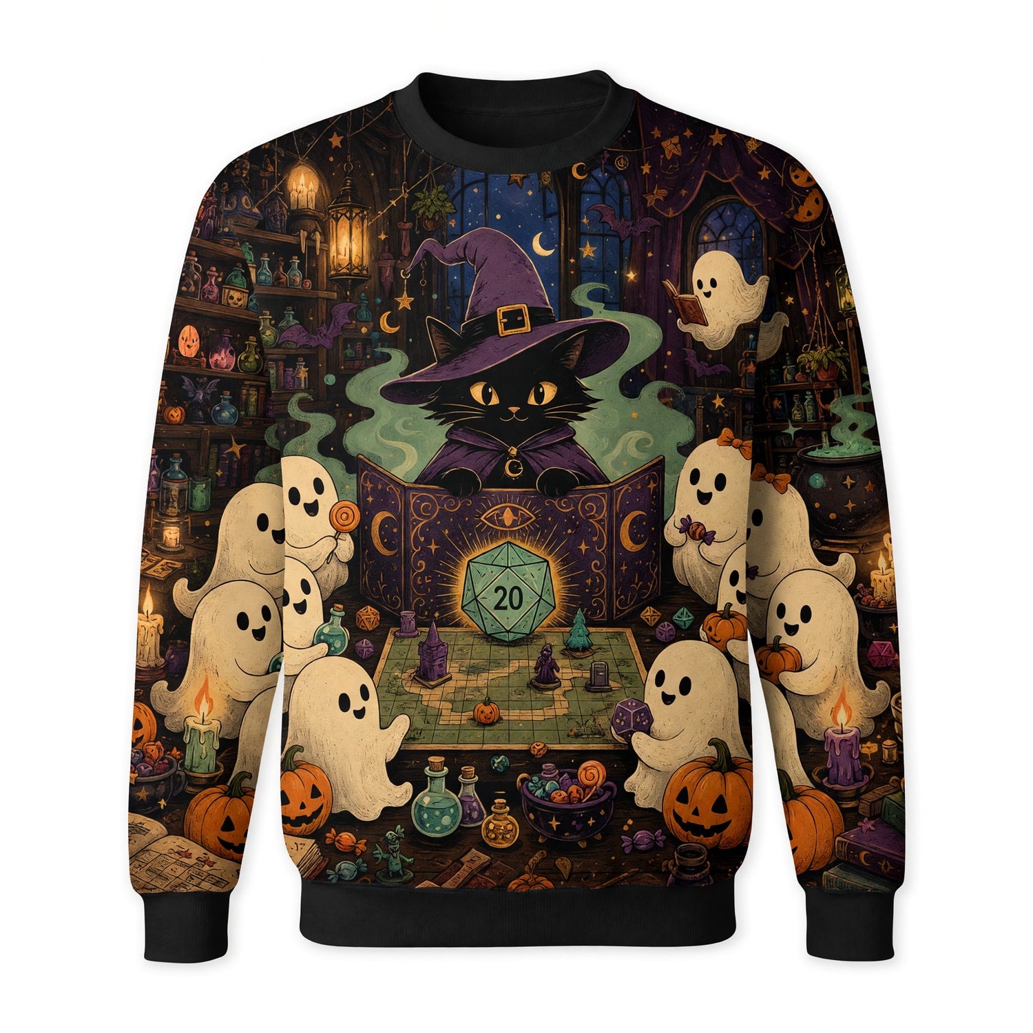 Halloween Black Cat AOP T-Shirt - Witchy RPG Ghost Gaming