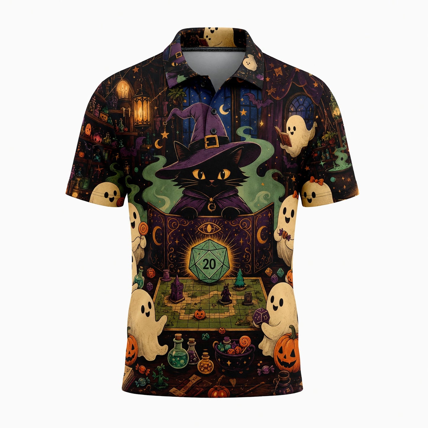 Halloween Black Cat AOP T-Shirt - Witchy RPG Ghost Gaming