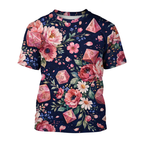 Floral Dice AOP T-Shirt - Pink Peony RPG Gaming Apparel