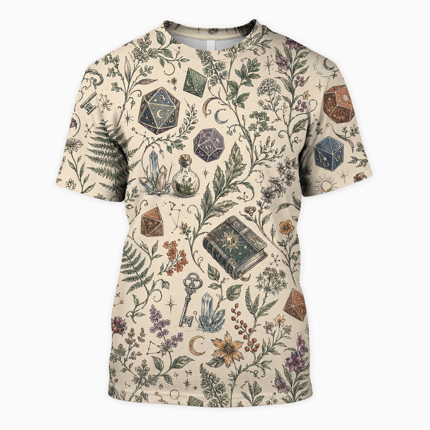 Fantasy Witch Dice AOP T-Shirt - Herbal Celestial Pattern