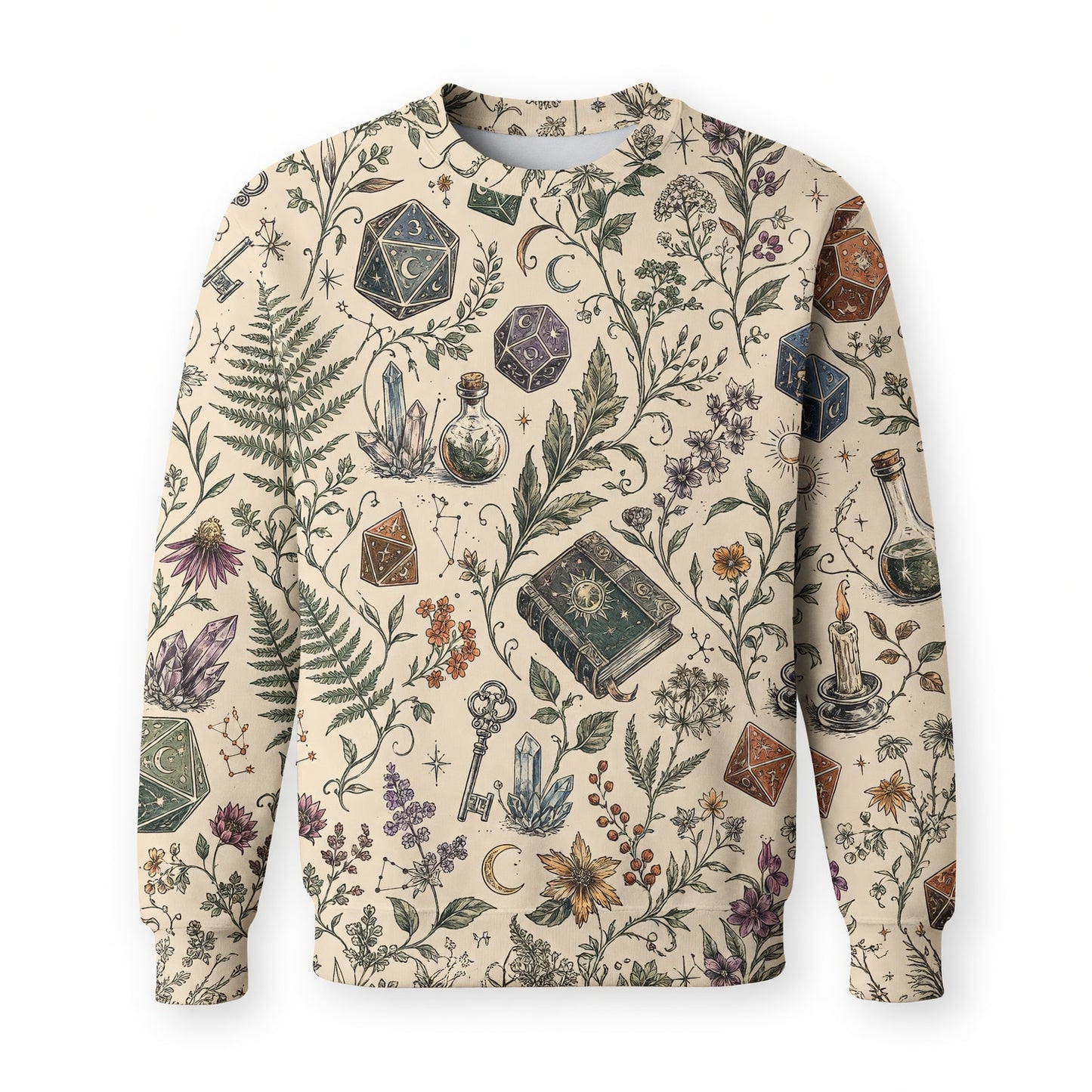 Fantasy Witch Dice AOP T-Shirt - Herbal Celestial Pattern