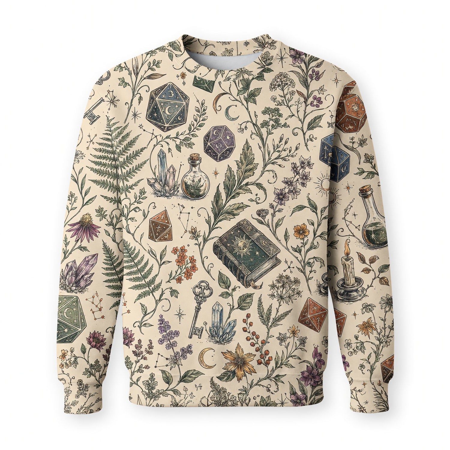 Fantasy Witch Dice AOP T-Shirt - Herbal Celestial Pattern