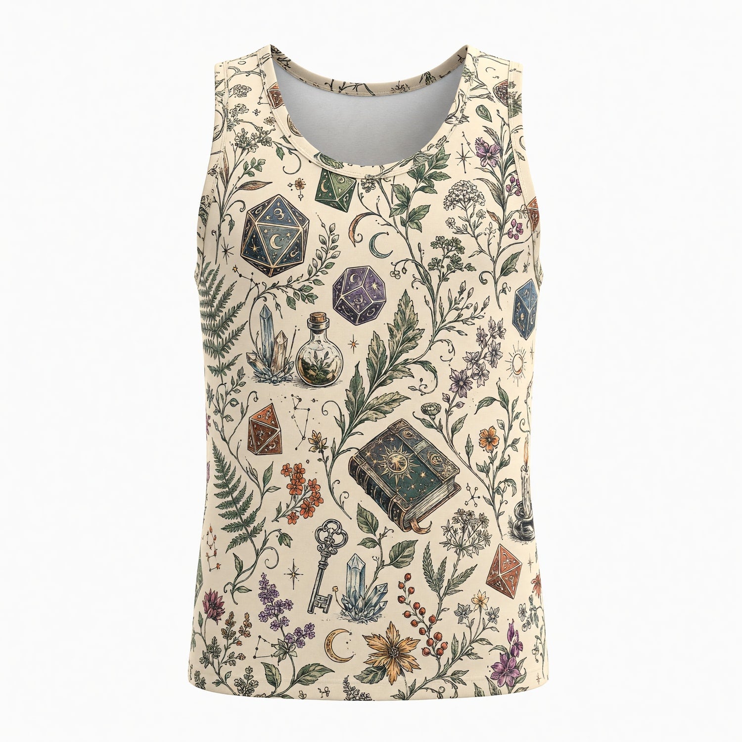 Fantasy Witch Dice AOP T-Shirt - Herbal Celestial Pattern