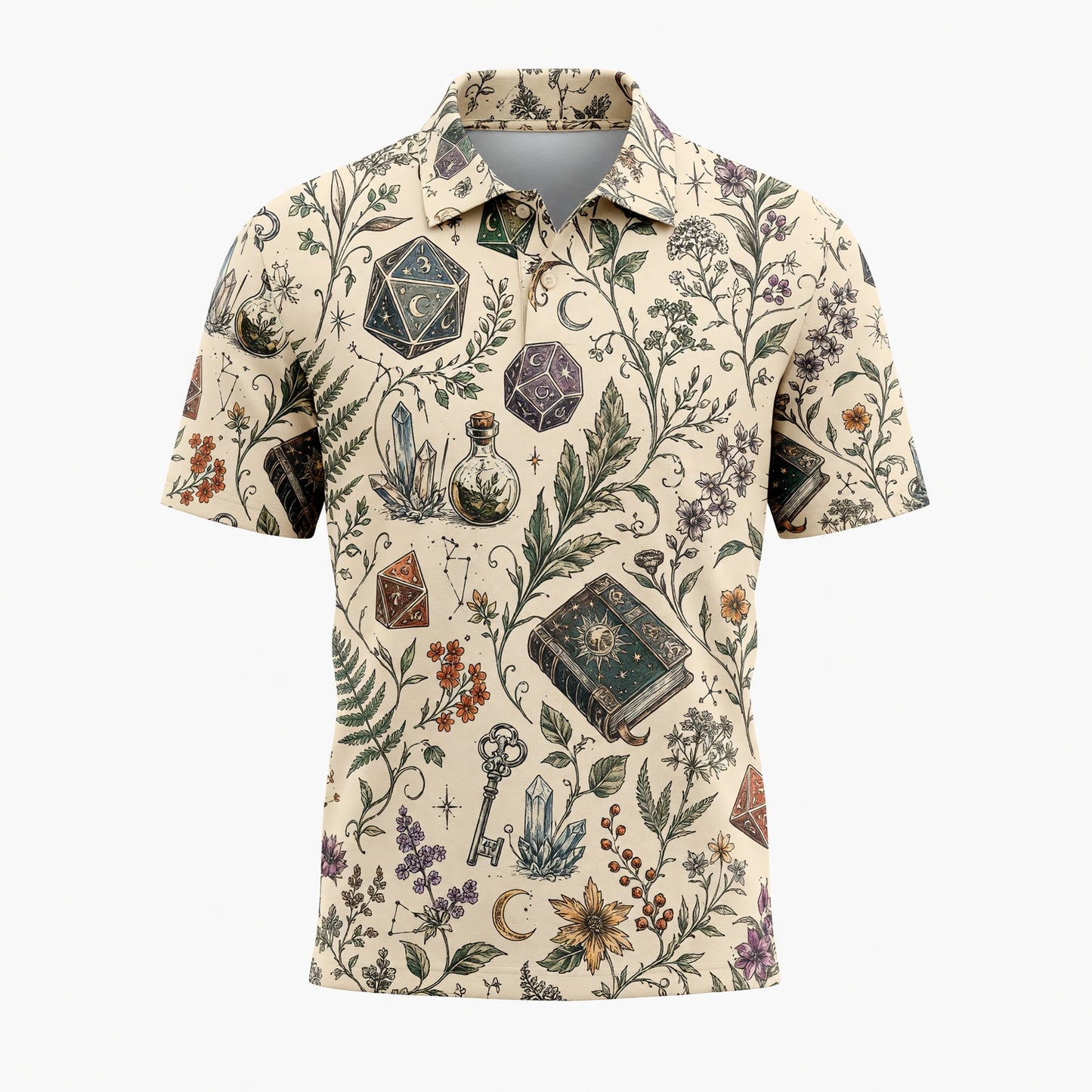 Fantasy Witch Dice AOP T-Shirt - Herbal Celestial Pattern