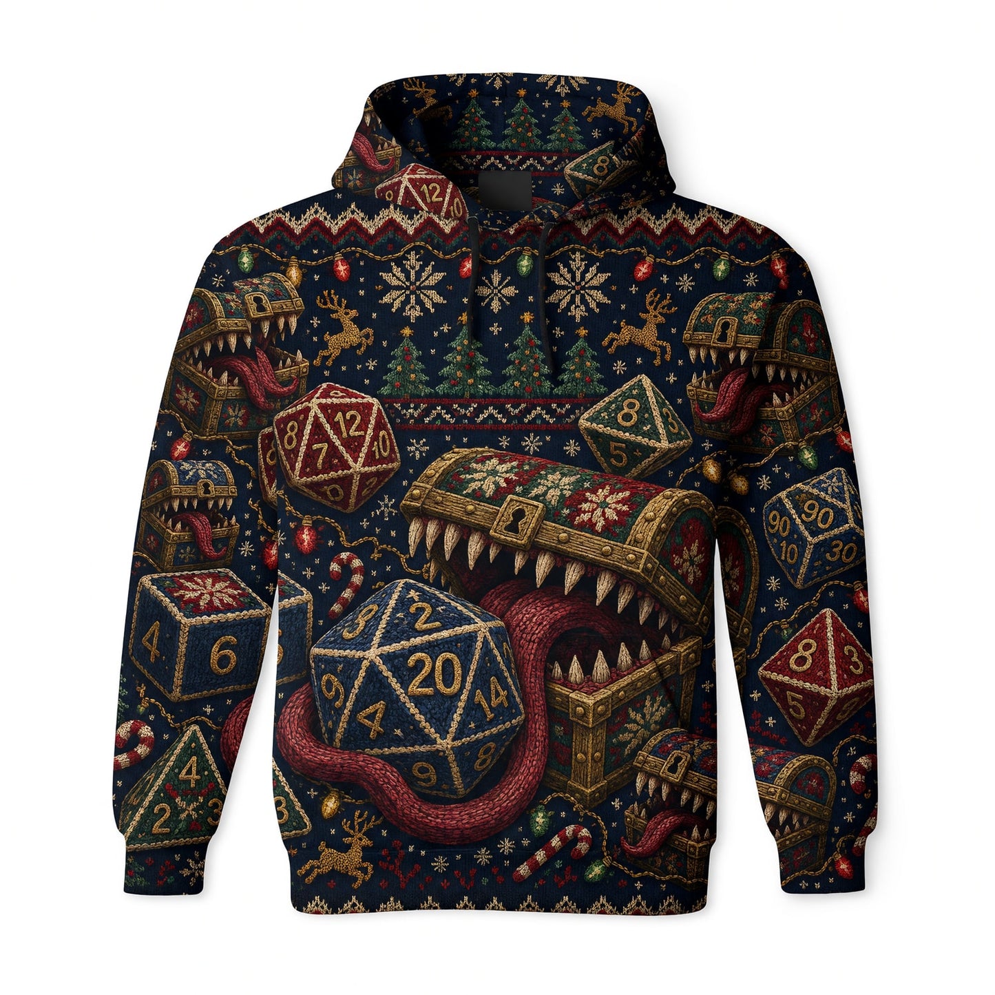 Mimic Christmas Dice AOP T-Shirt - Holiday RPG Knit Sweater