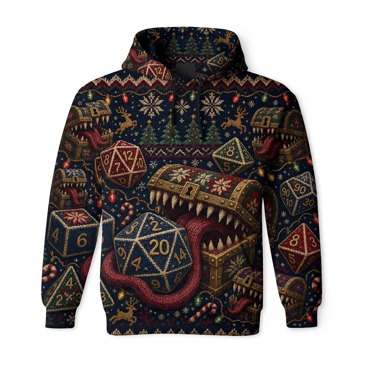 Mimic Christmas Dice AOP T-Shirt - Holiday RPG Knit Sweater