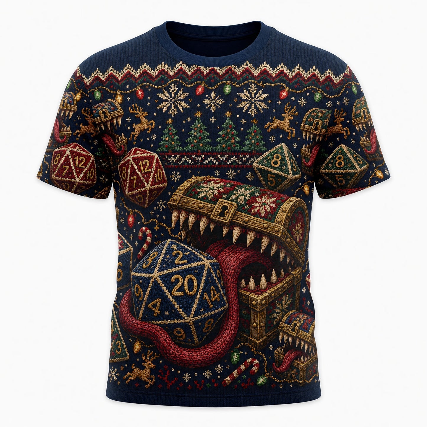 Mimic Christmas Dice AOP T-Shirt - Holiday RPG Knit Sweater