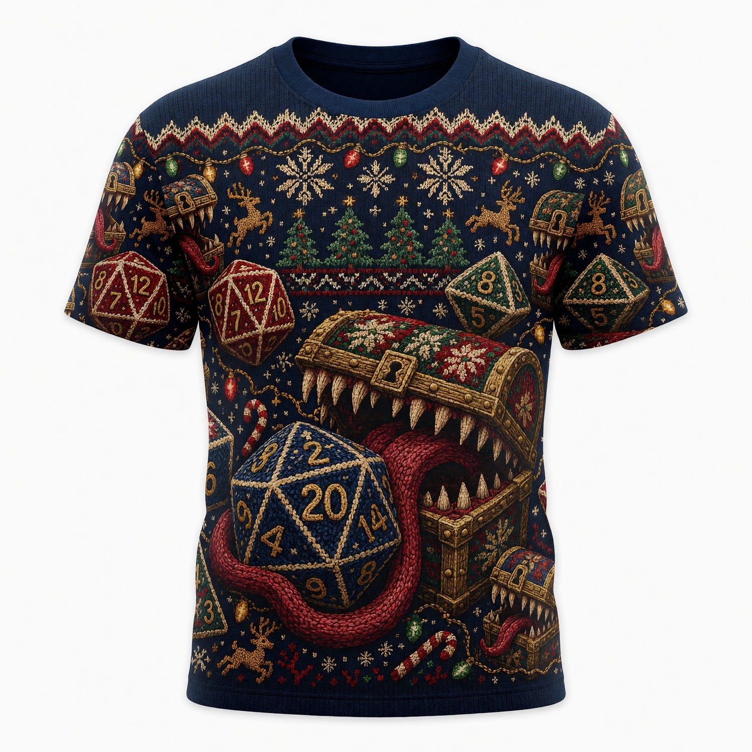 Mimic Christmas Dice AOP T-Shirt - Holiday RPG Knit Sweater